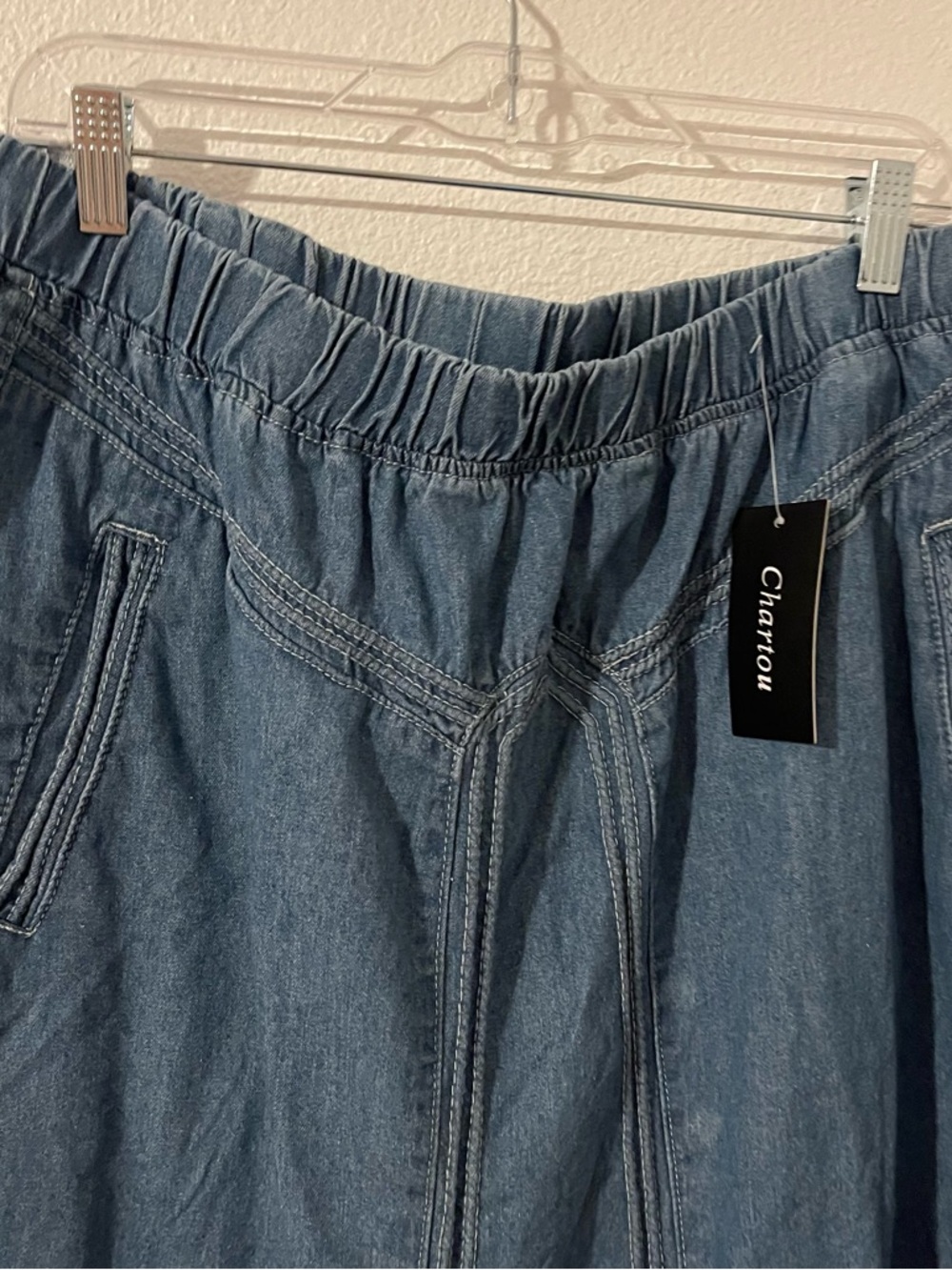 Chartou Women’s XXL A Line Maxi Skirt Denim Raw Hem Stretchy Waist and Pockets - Picture 3 of 9